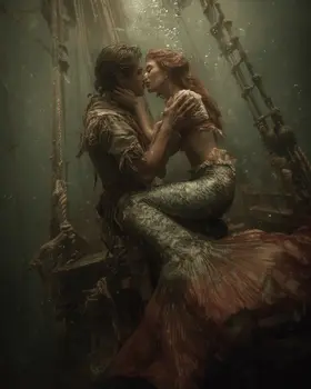 Vintage Mermaid Kissing Sailor Coastal Art Print - 8"x10" Artwork