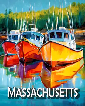 Three Lobster Boats Massachusetts Souvenir - Massachusetts Souvenir Art Prints - 8"x10" Artwork