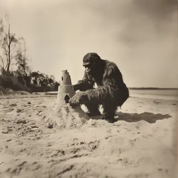 Bigfoot Finishes a Sandcastle - Cryptids  8"x8" Artwork for 12"x12" Frame