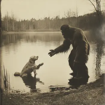 Bigfoot Training His Dog - Cryptids  8"x8" Artwork for 12"x12" Frame