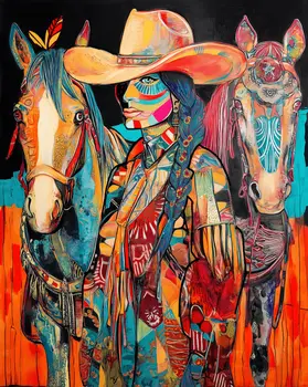 Cowgirl Hannah and Her Horses  - Turn Up the Volume; Southwestern Colorful Tones - 8"x10" Artwork for 11"x14" Frame