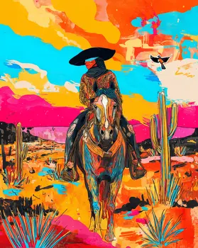Cowgirl Linda Makes the Rounds - Turn Up the Volume; Southwestern Colorful Tones - 8"x10" Artwork for 11"x14" Frame