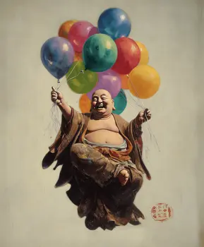 Happy Buddha and Balloons - Zen Art for Meditation Home Decor Wall Art Prints – 8″x10″ Artwork – 11″x14″ Beveled Mat (Copy)