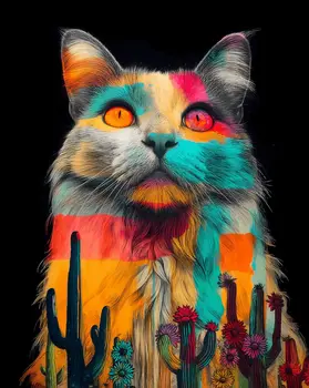 Spirit Cat  - Turn Up the Volume; Southwestern Colorful Tones - 8"x10" Artwork for 11"x14" Frame