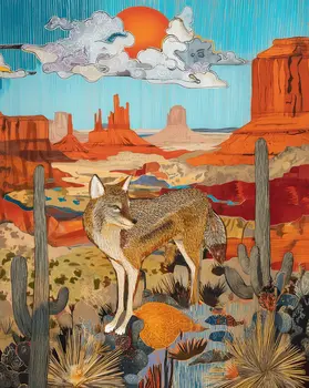 Spirit Coyote - Turn Up the Volume; Southwestern Colorful Tones - 8"x10" Artwork for 11"x14" Frame