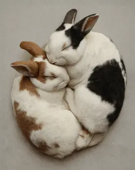 Bunnies Cuddling, Happy Rabbits - Pets Sleeping Art Prints – 8″x10″ Artwork for 11″x14″ Frame