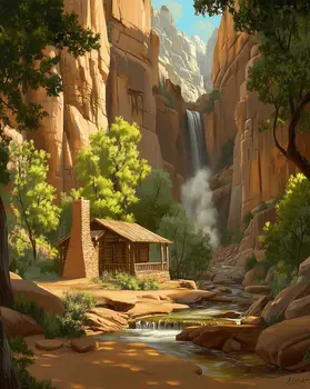 Grandfather's Waterfall Cabin Home - Classic Landscape 8"x10" Art Print
