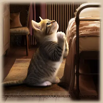 Kitten - Nighttime Prayers - Anthropomorphic Wall Art Prints – 8″x8″ Artwork for 12″x12″ Frame