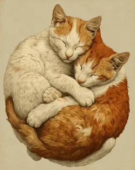 Kitties Cuddling, Happy Cats - Pets Sleeping Art Prints – 8″x10″ Artwork for 11″x14″ Frame