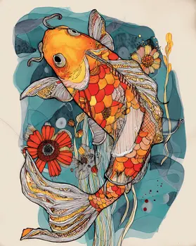Mixed Media Tangerine Koi Vignette 8”x10” Art Print