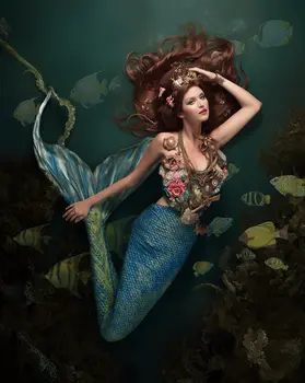 Retro Mermaid Swimming with Friends Art Print - 8"x10" Artwork
