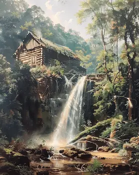 Papa's Boyhood Waterfall Cabin - Classic Landscape 8"x10" Art Print