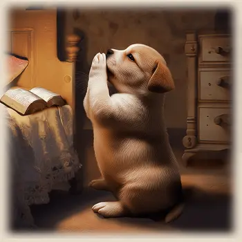 Puppy- Nighttime Prayers - Anthropomorphic Wall Art Prints – 8″x8″ Artwork for 12″x12″ Frame