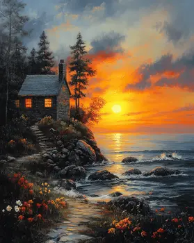 Warm Summer Home with Sunset - Classic Landscape 8"x10" Art Print