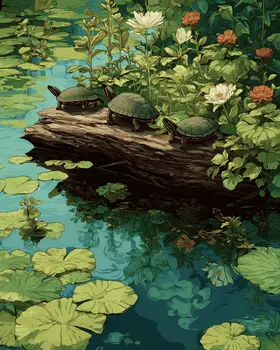 Painted Turtles on a Log Art Print - 8"x10" Artwork