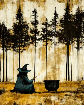 Vintage Witch and Cauldron - Wiccan Wall Art Prints – 8″x10″ Artwork for 11″x14″ Frame