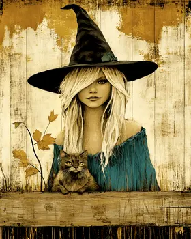 Vintage Style White Hair Witch with Kitten - Wiccan Wall Art Prints – 8″x10″ Artwork for 11″x14″ Frame