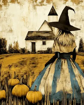 Vintage Witch in Pumpkin Patch - Wiccan Wall Art Prints – 8″x10″ Artwork for 11″x14″ Frame