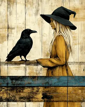 Vintage Witch Training Young Raven - Wiccan Wall Art Prints – 8″x10″ Artwork for 11″x14″ Frame