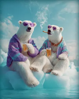 Polar Bears Partying on an Iceberg - Hippie Animals Art Print - 8"x10" Artwork