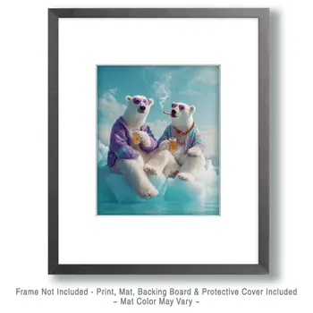 Polar Bears Partying on an Iceberg - Hippie Animals Art Print - 8"x10" Artwork