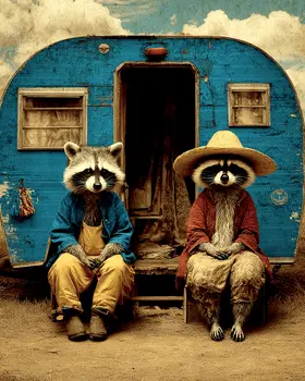 Two Raccoons Camping Animals in Sports Art Print - 8"x10" Artwork