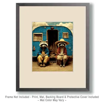 Two Raccoons Camping Animals in Sports Art Print - 8"x10" Artwork