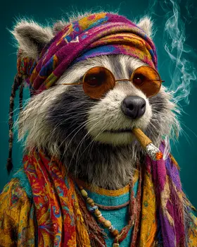 Bohemian Raccoon Smoking Pot - Hippie Animals Art Print - 8"x10" Artwork