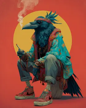 Beatnik Raven - Hippie Animals Art Print - 8"x10" Artwork
