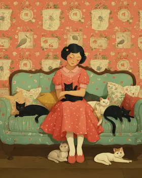 Folk Art Woman with Her Cats Art Print - 8"x10" Artwork