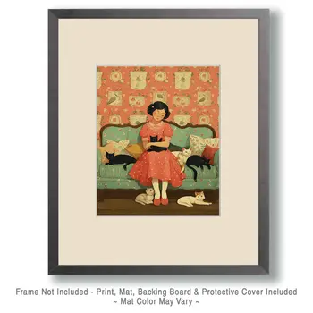 Folk Art Woman with Her Cats Art Print - 8"x10" Artwork