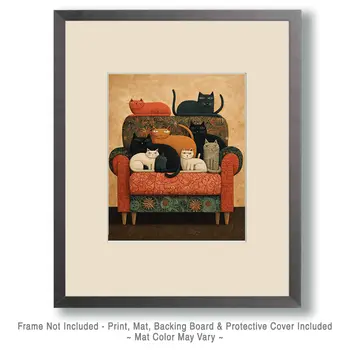Folk Art Cats on Large Stuffed Chair Art Print - 8"x10" Artwork