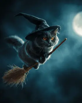 Cat Witch on Broom Art Print - 8"x10" Artwork