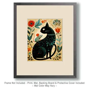 Rustic Folk Art Cat and Mouse Art Print - 8"x10" Artwork