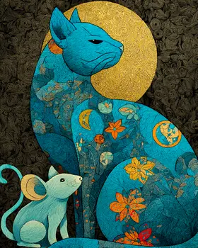 Deco Blue Cat and Mouse Art Print - 8"x10" Artwork