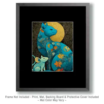 Deco Blue Cat and Mouse Art Print - 8"x10" Artwork