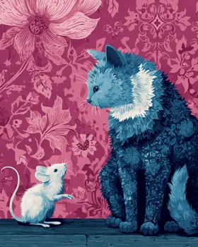 Nouveau Blue Cat and Mouse Art Print - 8"x10" Artwork