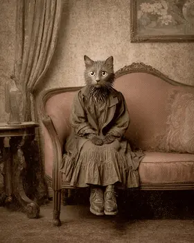 Vintage Cat Woman Waiting Patiently Art Print - 8"x10" Artwork