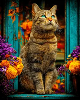Cat in Garden Window Art Print - 8"x10" Artwork