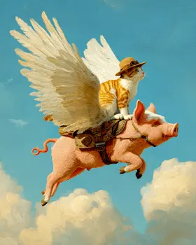 Cat on a Flying Pig Art Print - 8"x10" Artwork
