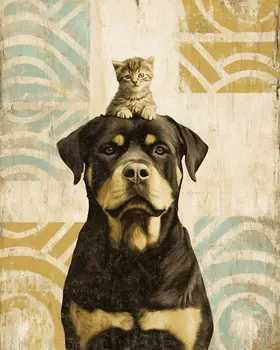 Rottweiler & Kitten Vintage Dog Art Prints - 8"x10" Artwork
