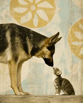 German Shepard & Kitten Vintage Dog Art Prints - 8"x10" Artwork