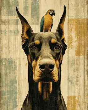 Doberman & Parrot Vintage Dog Art Prints - 8"x10" Artwork