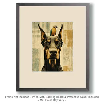 Doberman & Parrot Vintage Dog Art Prints - 8"x10" Artwork