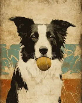 Border Collie with Tennis Ball Vintage Dog Art Prints - 8"x10" Artwork