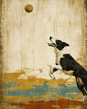 Border Collie Chasing Tennis Ball Vintage Dog Art Prints - 8"x10" Artwork