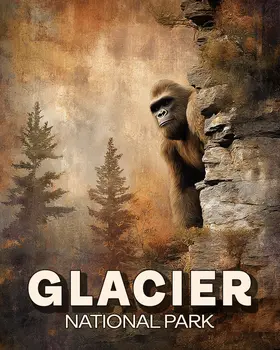 Bigfoot Peeking from Behind Cliff in Glacier National Park Souvenir Art Print - 8"x10" Artwork