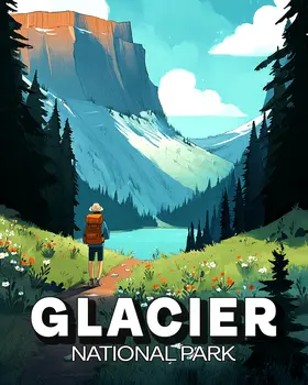 Retro Hiker in Glacier National Park Souvenir Art Print - 8"x10" Artwork