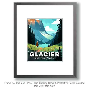 Retro Hiker in Glacier National Park Souvenir Art Print - 8"x10" Artwork