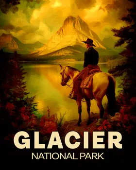 Vintage Cowboy in Glacier National Park Souvenir Art Print - 8"x10" Artwork